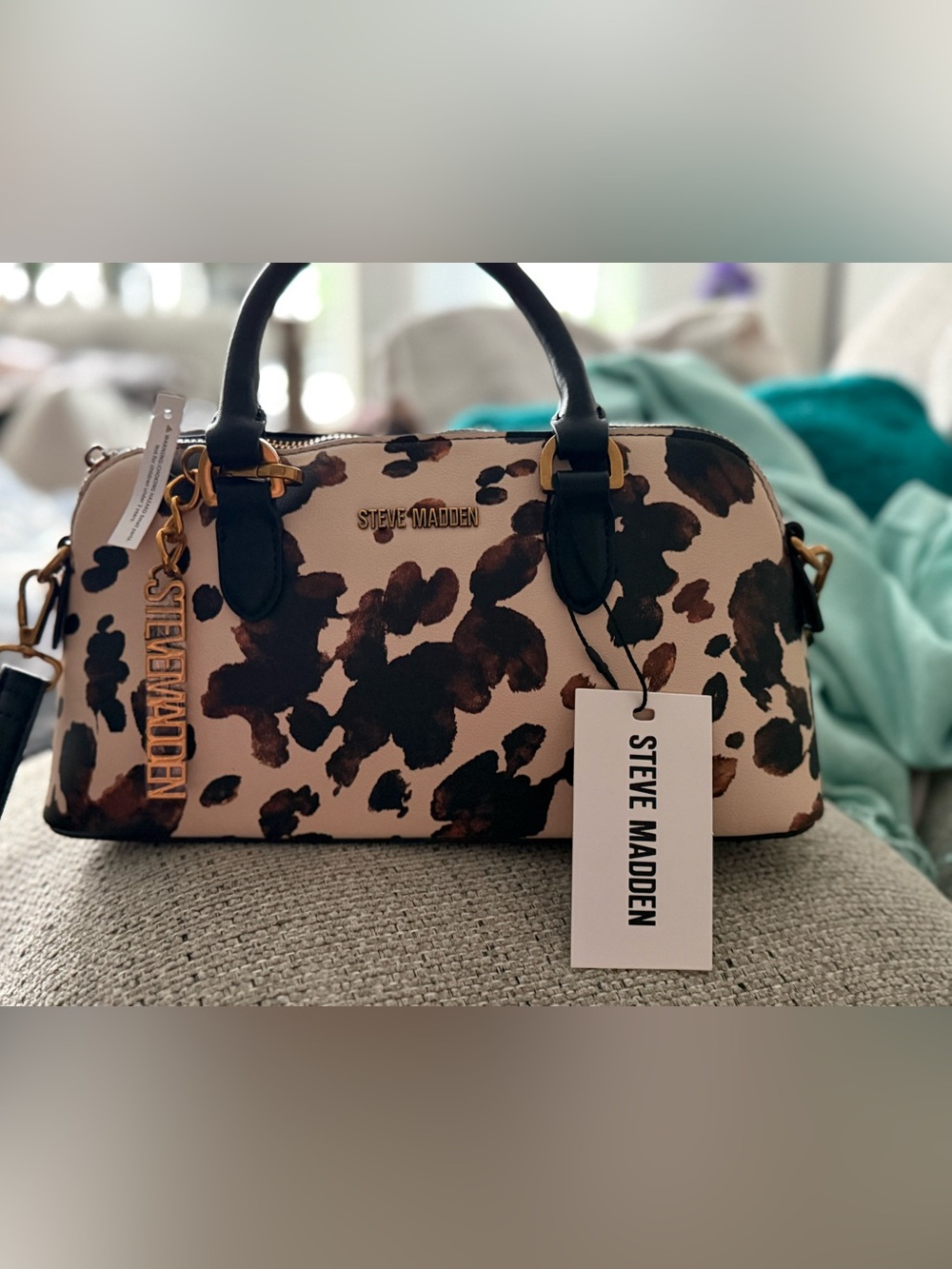 🐝 NEW 🐝 Steve Madden (Leopard-(Cow-Print?) Satchel in Cream, Brown & Black